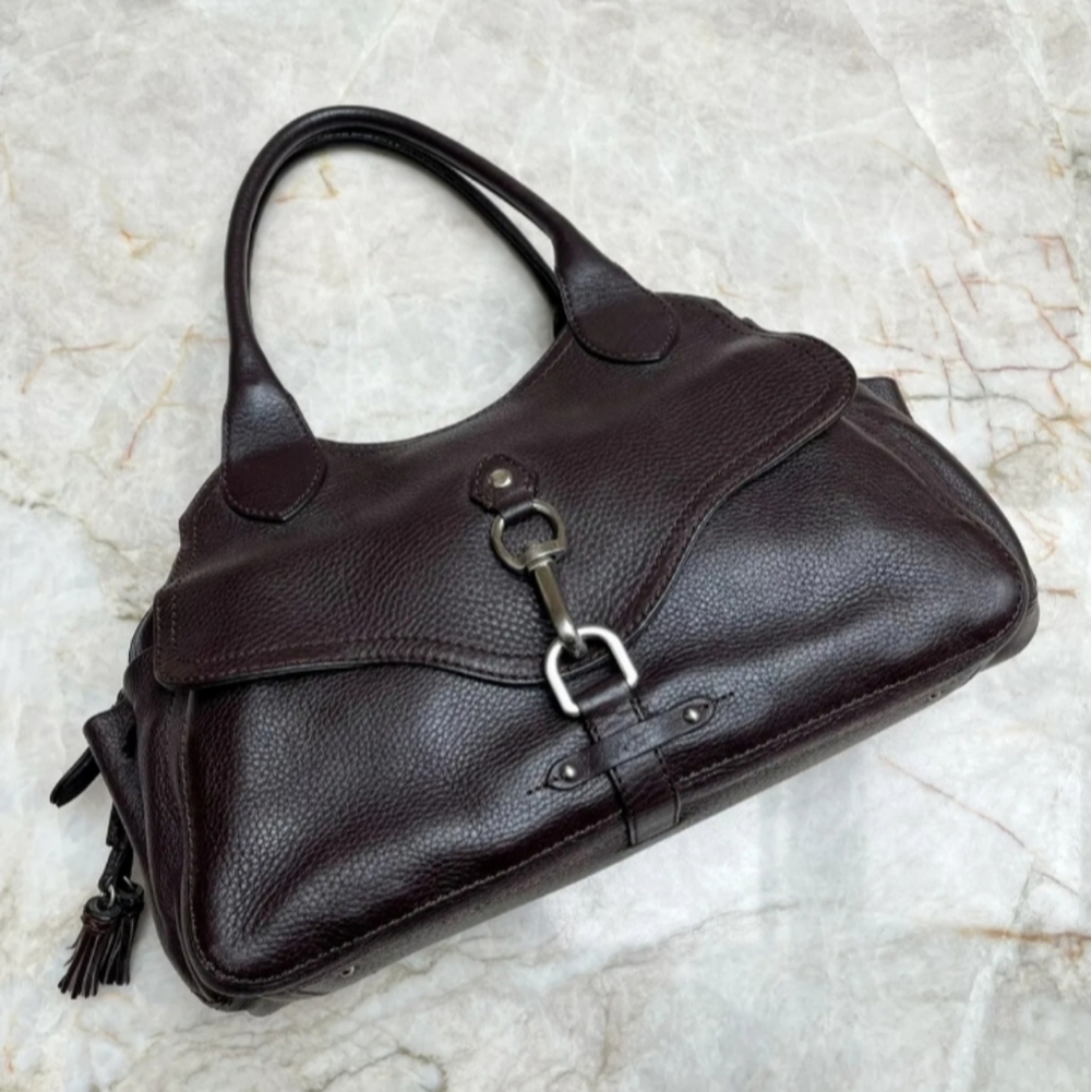 COLE HAAN Village Large Dark Brown Leather Satchel/Tote Bag Silver Hard Wear